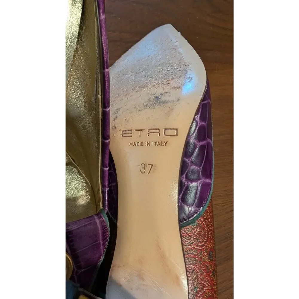 Etro Purple Leather‎ Logo Embossed Pointed Toe Pumps Heels Size 37 EUC